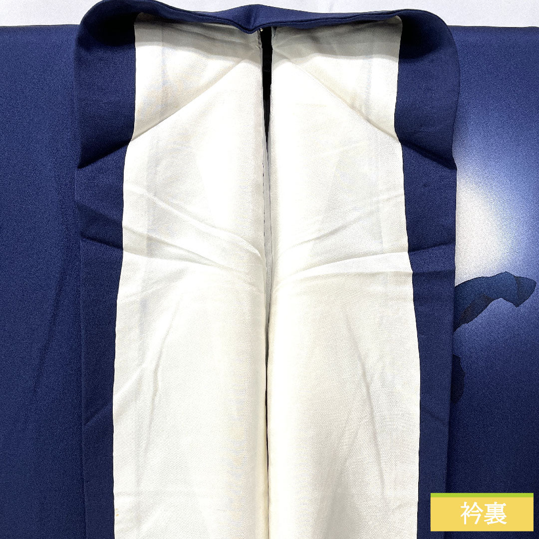 Homongi, pure silk, lined, length 159cm, sleeve length 65cm, dark blue, butterfly, rose, A rank, navy blue, 1112005883318