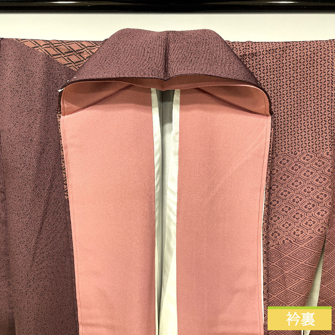 Homongi, pure silk, lined, length 155.5cm, sleeve length 63.5cm, red dye, stencil dyeing, split pattern, layered collar, S rank, purple, 1112004792320
