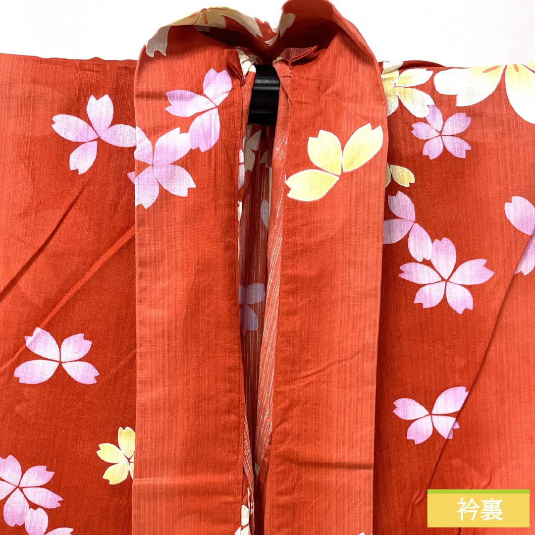 Cotton Yukata, Length 162cm, Sleeve Length 67.5cm, S Rank, Single Layer, Vermilion, Cinnabar, Cherry Blossom Design, 1118006512416