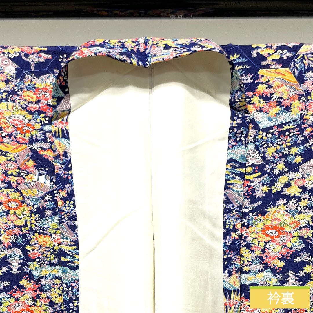Small pattern, pure silk, length 157cm, sleeve length 64cm, lined, navy blue bellflower color, floral pattern, Chayatsuji, S rank, navy blue, 1115003632318