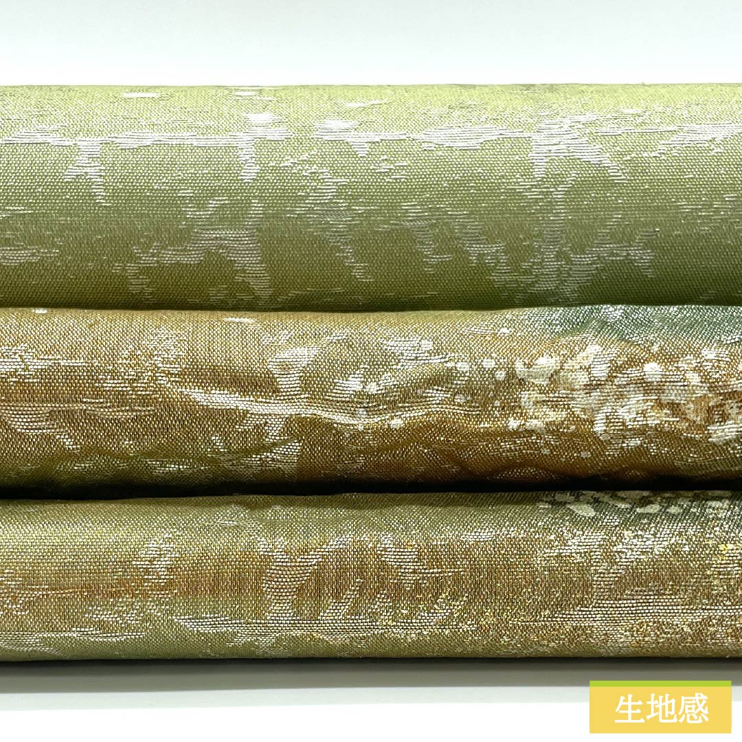 Pure silk obi with a willow-colored lining, featuring a puffed weave, Uji tea leaf dyeing, and an abstract pattern. Length: 450cm. S-rank. Features a point pattern. Suitable for semi-formal wear. Green. Product code: 1123015012419