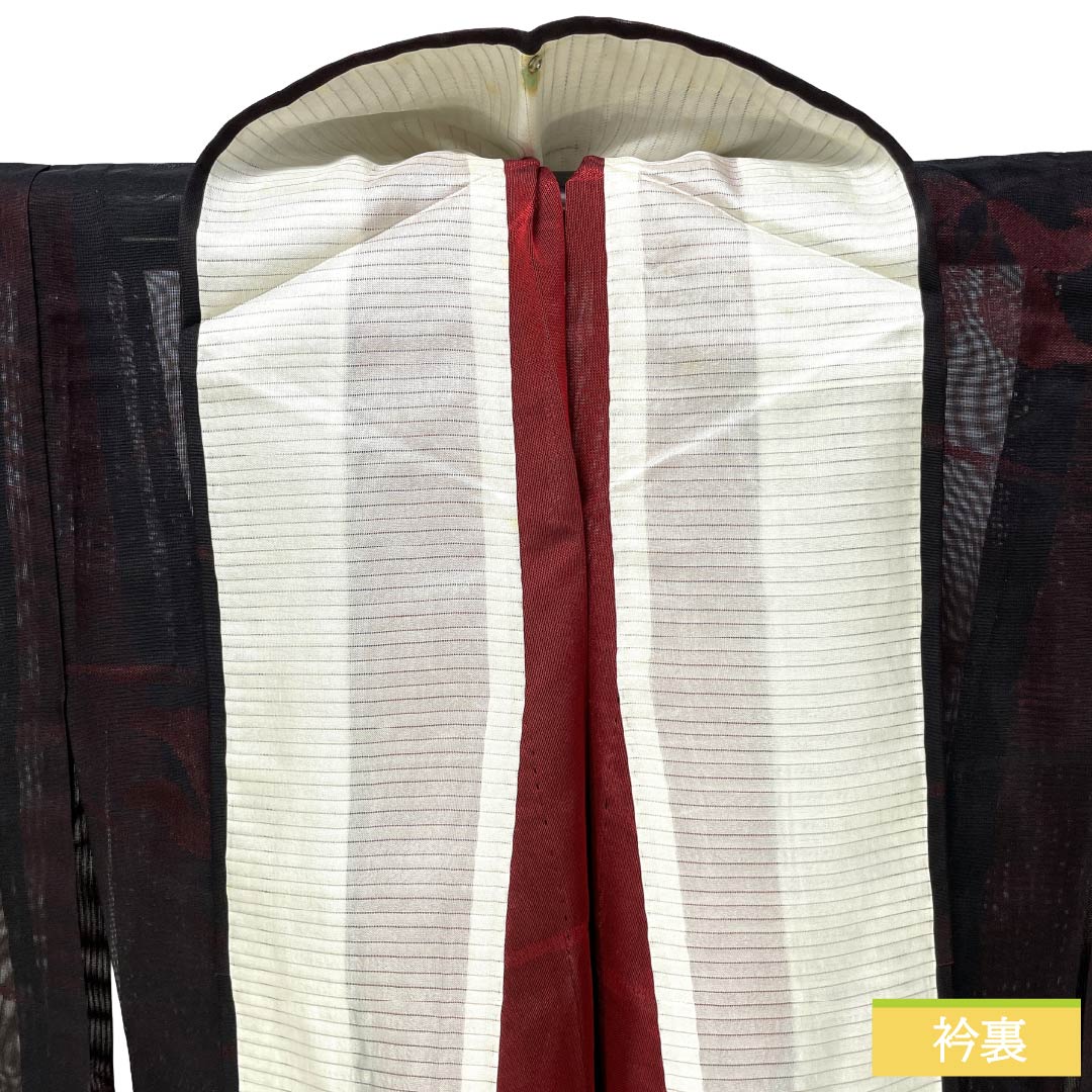 夏物 正絹 お召 Bランク 身丈155.5cm 裄丈62.5cm 暗紅色(あんこうしょく) 露芝 草花模様 紗 赤系 1132004264312