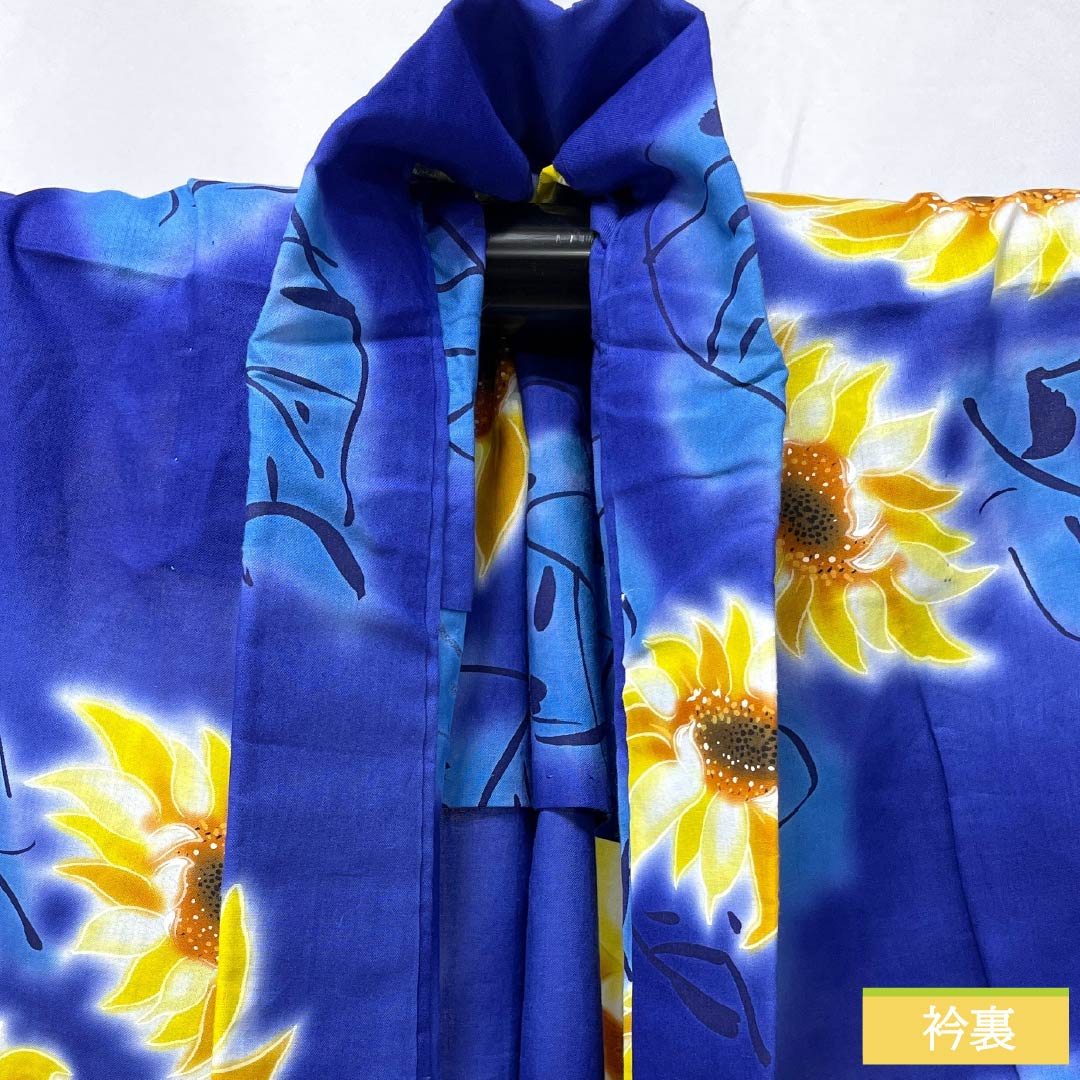 Cotton Yukata, Length 169cm, Sleeve Length 69cm, S Rank, Single Layer, Blue, Kikyo-iro (Kikyou-iro) with Sunflower Design, 1118006492517