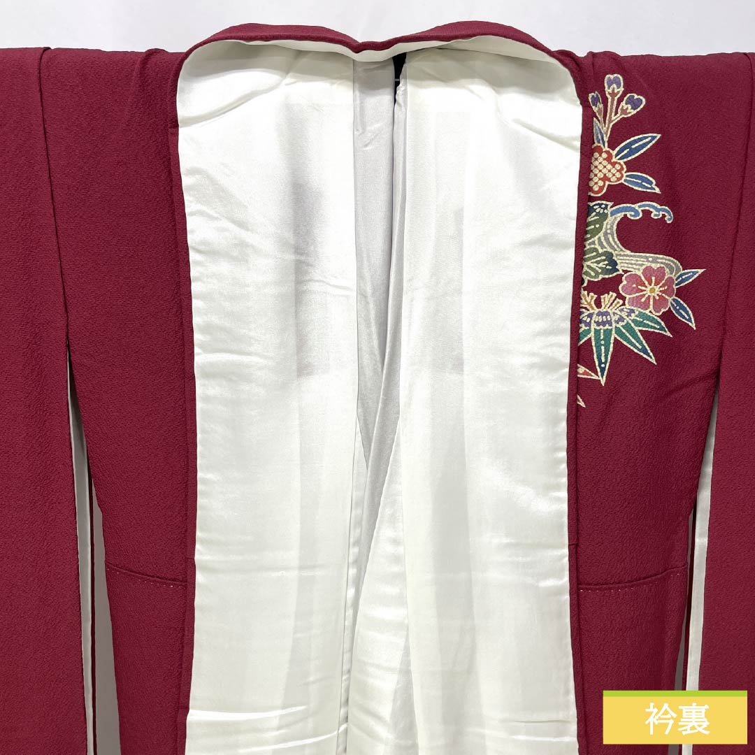 振袖 正絹 Sランク 身丈164cm 裄丈67cm 袷 臙脂色(えんじいろ) 京紅型 吉祥文様 ちりめん地 パールトーン加工 赤系 1113002492412