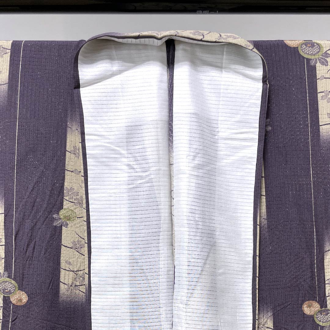 Summer pure silk komon length 165.5cm sleeve length 66.5cm deep purple cherry blossom dew grass flower pattern silk S rank purple 1132000132520