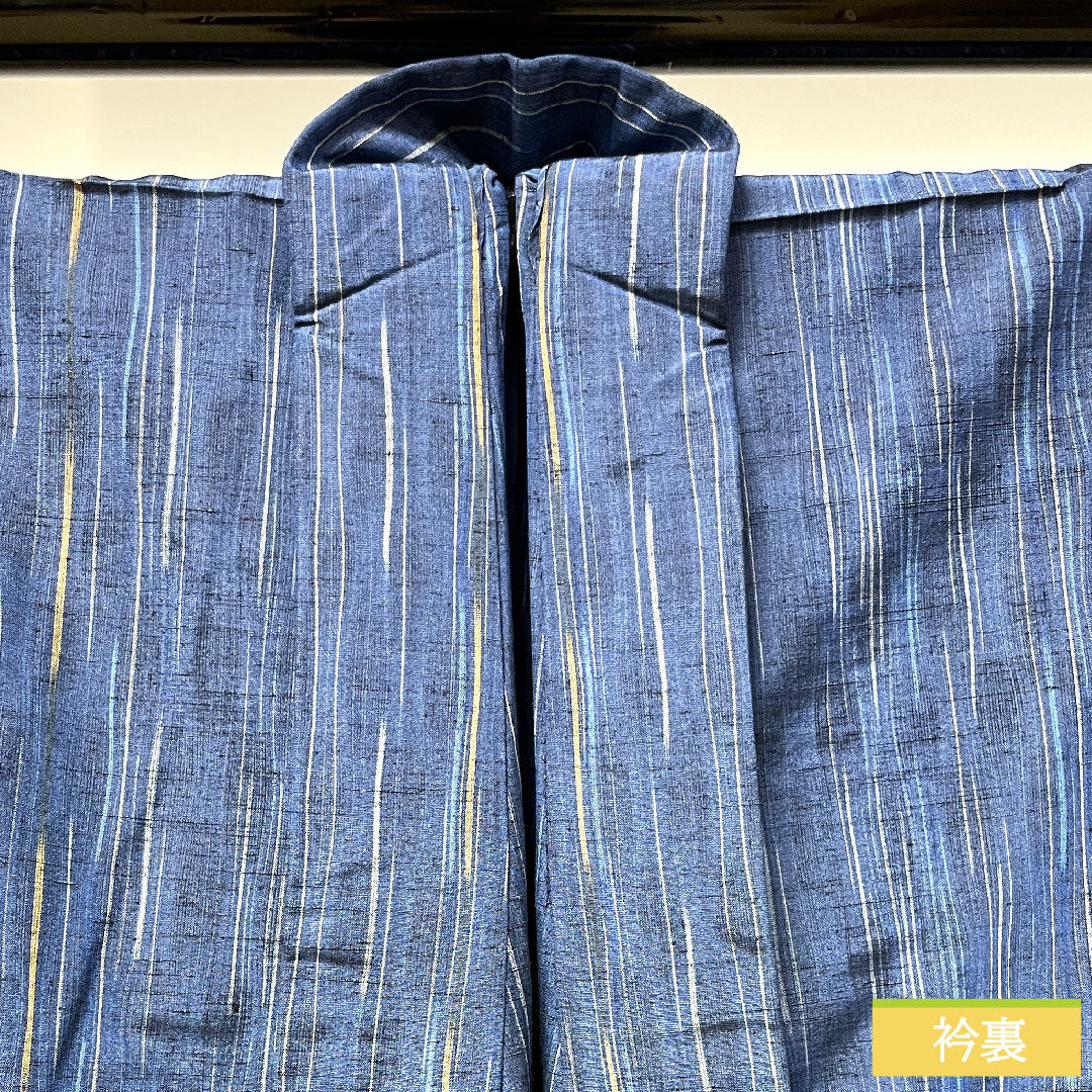 Tsumugi, pure silk, length 154.5cm, sleeve length 62cm, navy blue, staggered stripes, basting thread included, unused, S rank, single layer, navy blue, 1116003122218