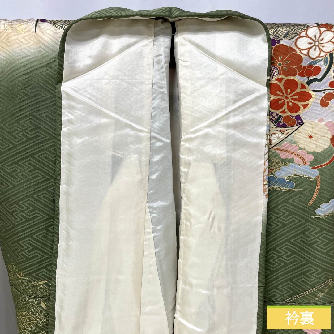 振袖 正絹 Aランク 身丈170.5cm 裄丈68.5cm 袷 山鳩色(やまばといろ) 京友禅 吉祥文様 梅 松 緑系 1113002173619