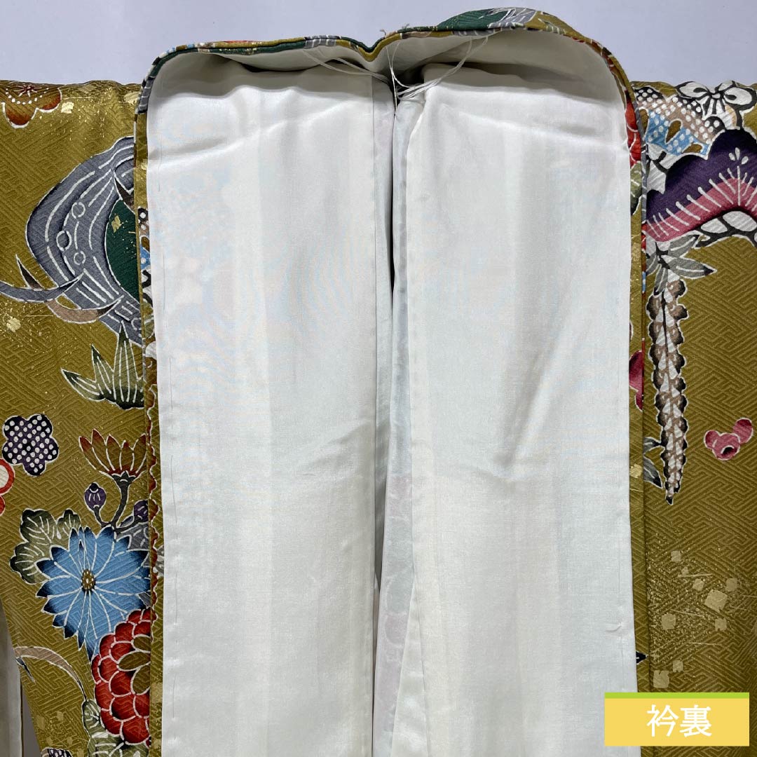 Furisode (long-sleeved kimono) made of pure silk, grade A, length 168cm, sleeve length 68cm, lined, rapeseed oil color (natane-aburairo), Kyoto Yuzen sash pattern, Keicho pattern, yellowish pongee fabric, product number 1113002523523