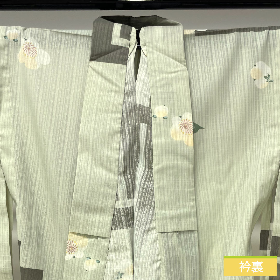 Summer kimono, polyester, small pattern, length 169cm, sleeve length 68cm, light green, washable kimono, plum, camellia, gauze, S rank, green 1132001872519