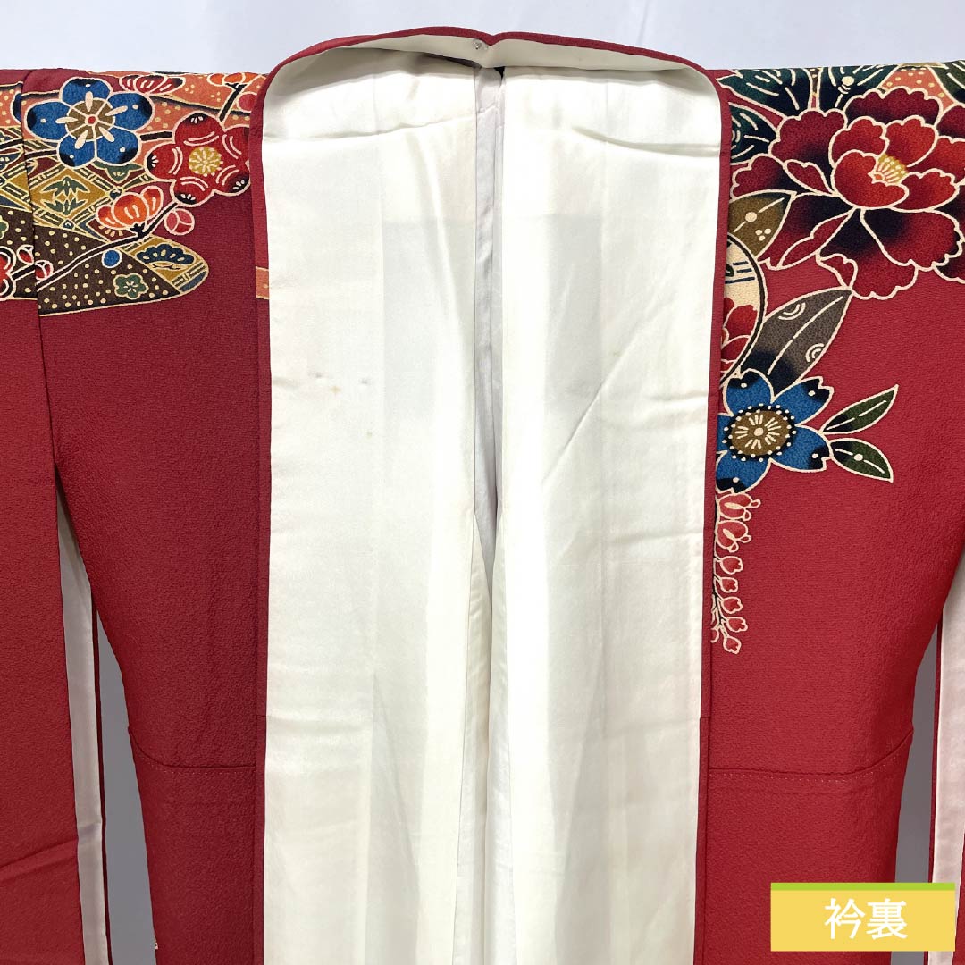 Kimono (Furisode) Pure Silk A Rank, Length 164.5cm, Sleeve-to-sleeve 67.5cm, Lined, Oxblood Red, Kyo-Bingata, Auspicious Motifs, Yume Guard Processed, Red tones, 1113002923412