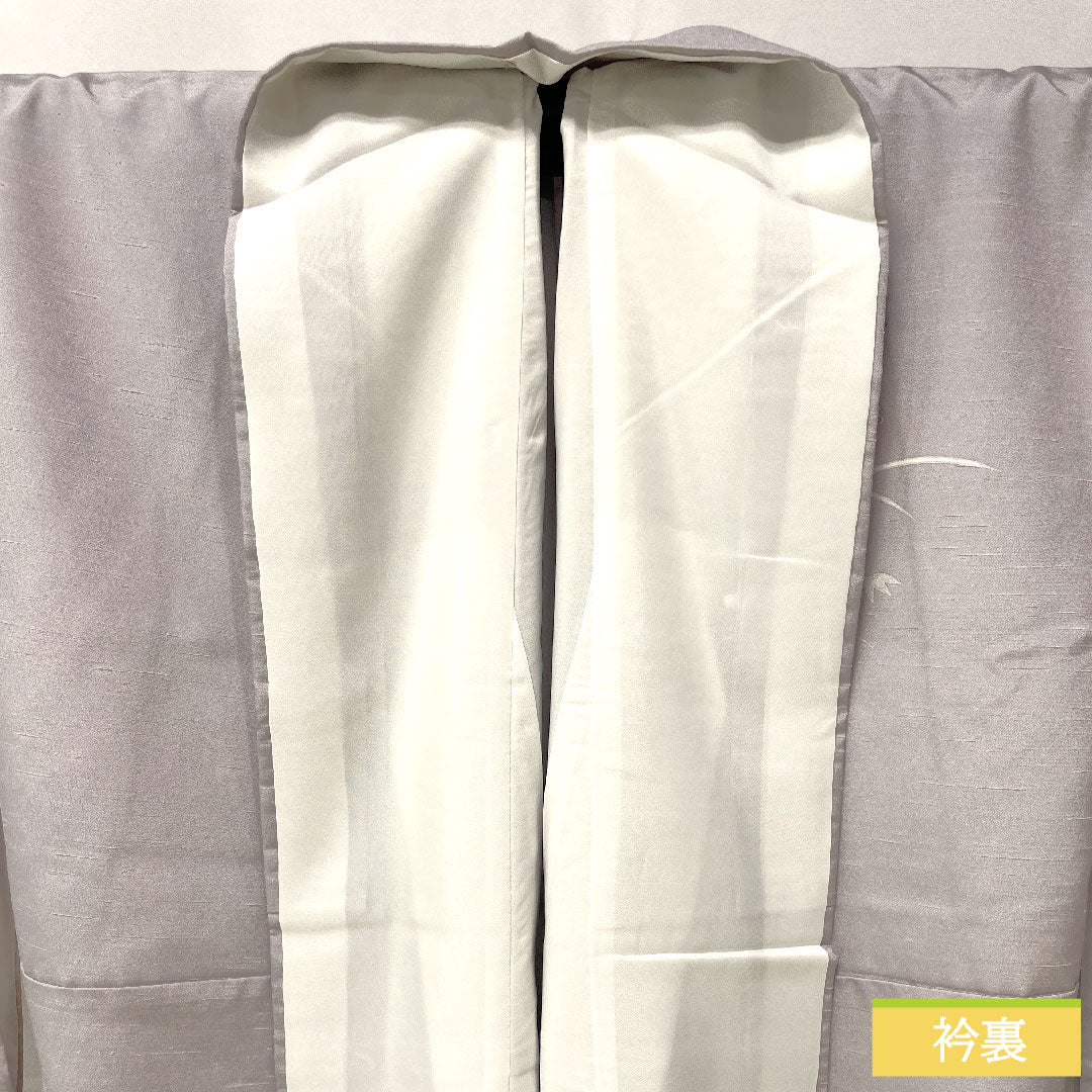 訪問着 ポリエステル 袷 身丈159cm 裄丈65.5cm 白藤色(しらふじいろ) 洗える着物 菊 桔梗 草花模様 しつけ糸付きSランク 紫系 1112005302320