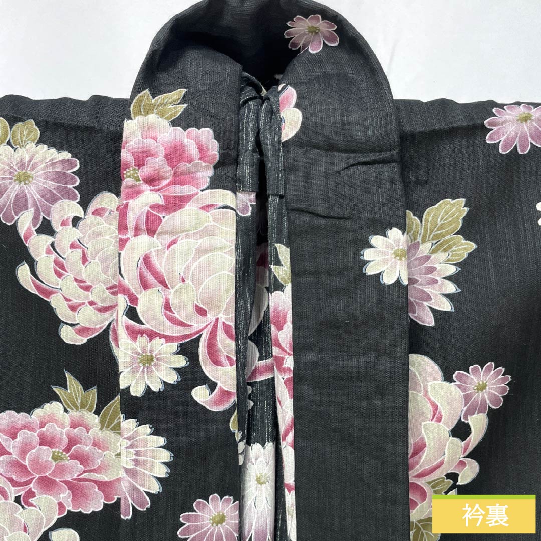 Cotton Yukata, Length 164cm, Sleeve Length 69.5cm, S Rank, Single Layer, Black, Chrysanthemum Design, 1118006282410