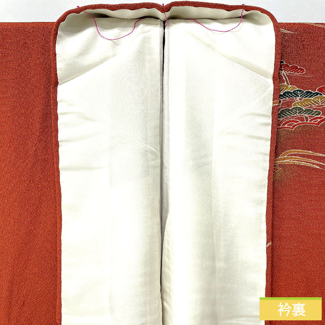 訪問着 正絹 袷 身丈165.5cm 裄丈65cm 弁柄色(べんがらいろ) 京友禅 茶屋辻風景模様 ちりめん地 Aランク 朱系 1112005923516