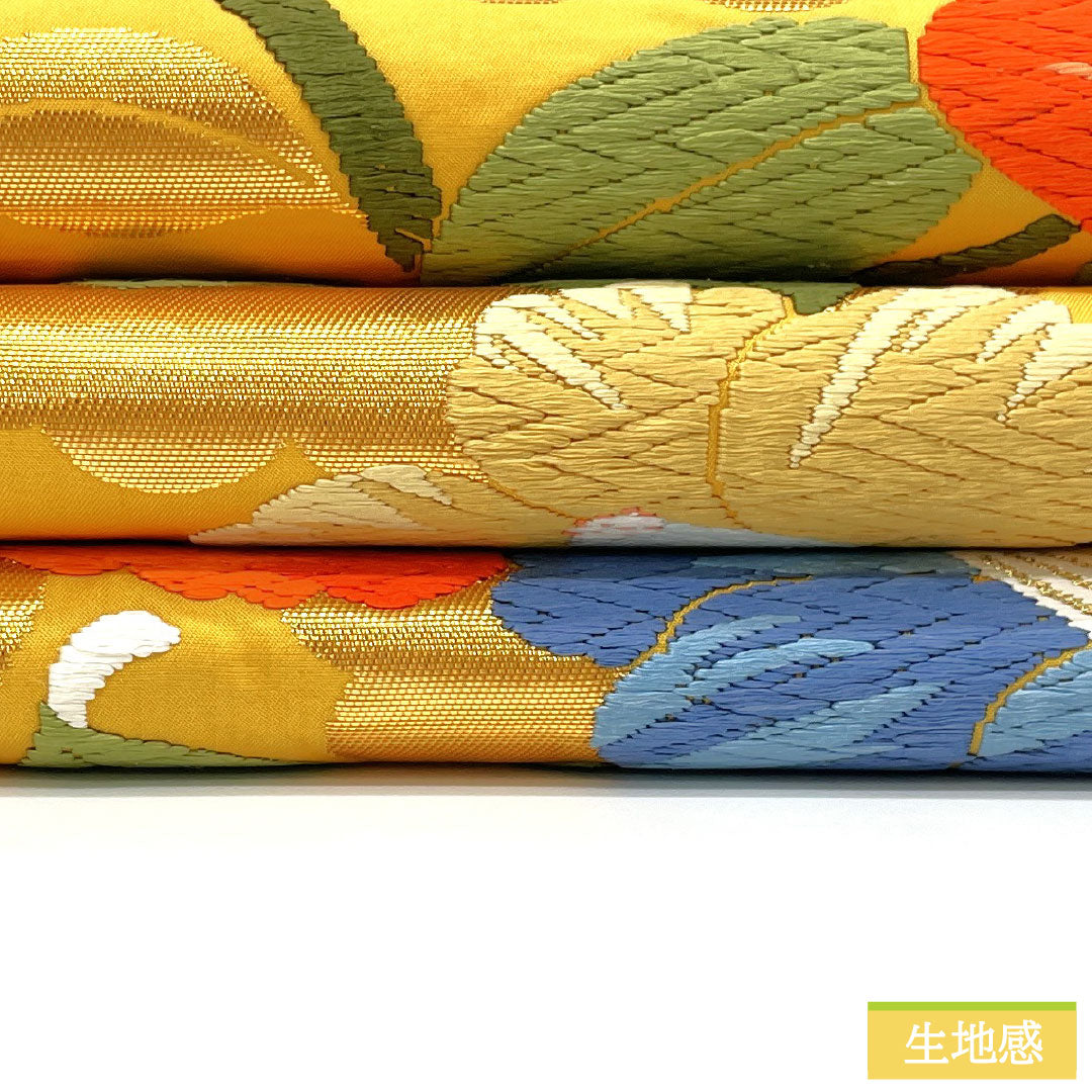 Formal, yellow-toned obi, pure silk, S-rank, Nishijin-ori (Karaori) weave, camellia pattern, length 424cm, six-pass, yellow, 1123017062323