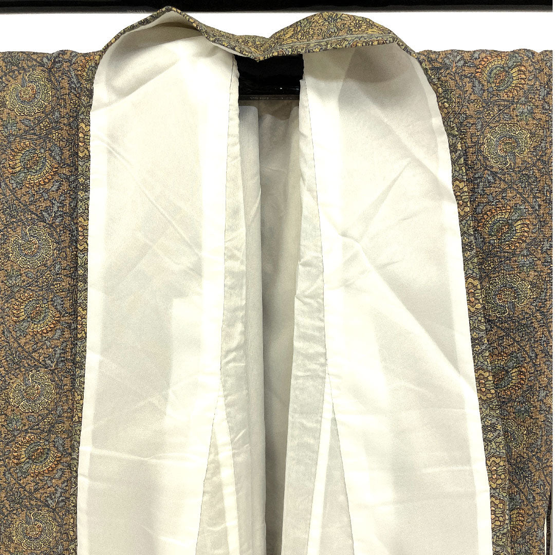 小紋 身丈162cm 裄丈64cm 袷 更紗模様 洗える着物 ポリ Sランク 茶系 1115001002314