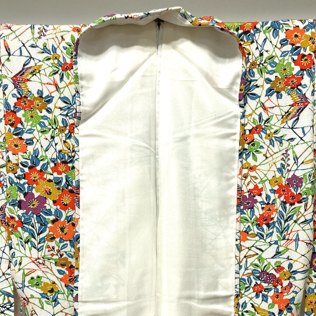 小紋 身丈156cm 裄丈60cm 袷 胡粉色 草花模様 正絹 Aランク 白系 1115003073311