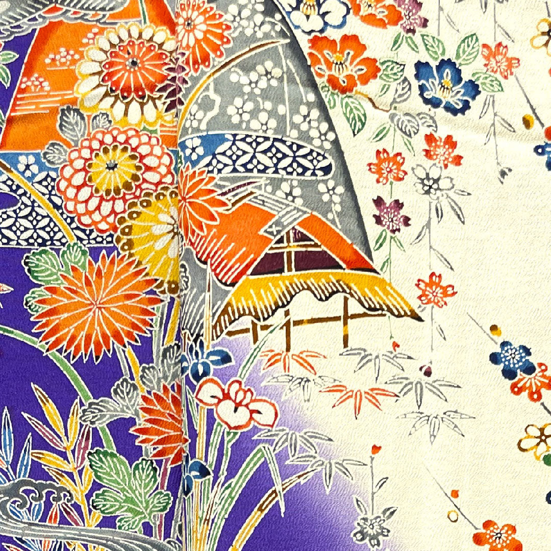 振袖 身丈162cm 裄丈65cm 袷 京紅型 松竹梅 菊 風景模様 正絹 Sランク 白系 1113001632411