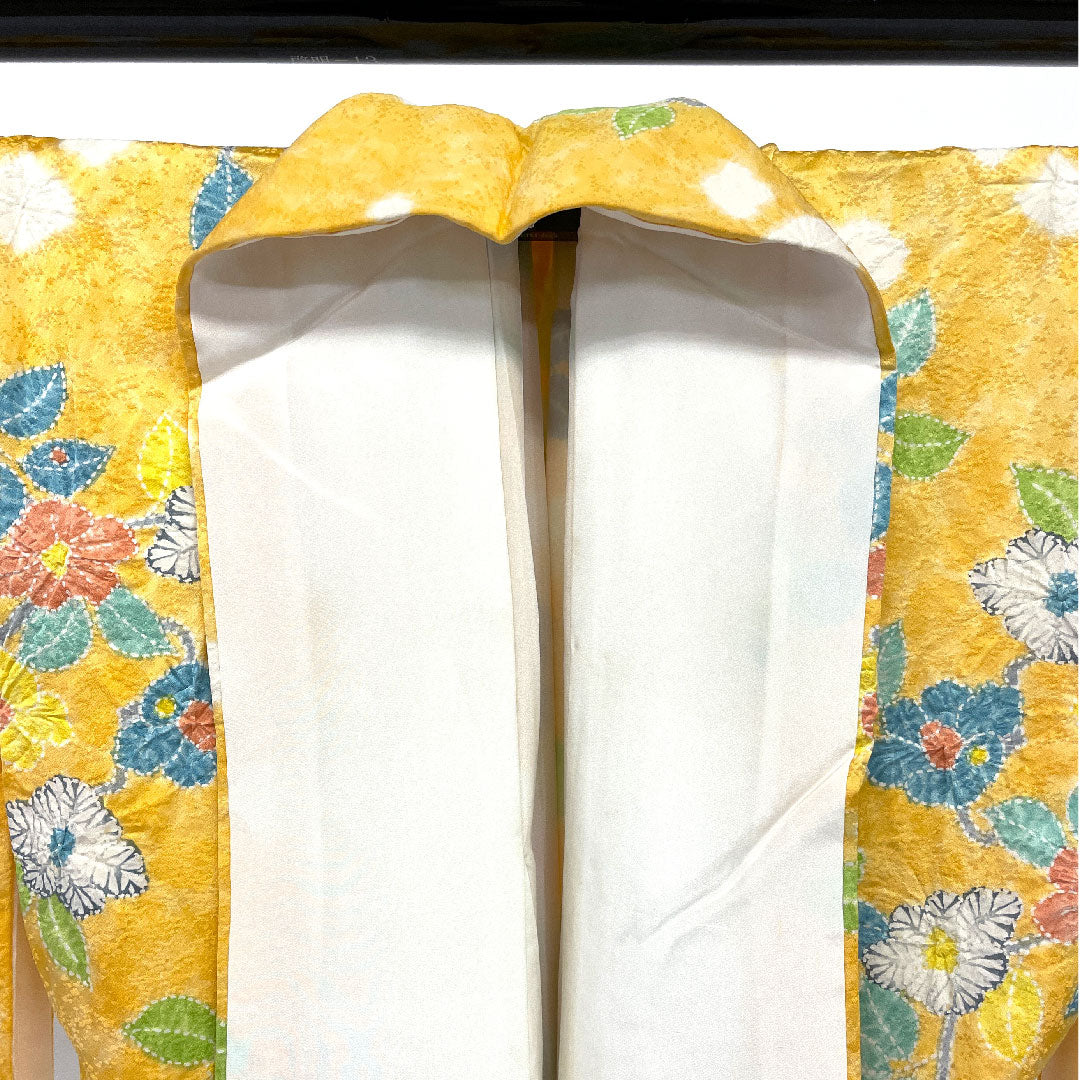 Komon, Length 159cm, Sleeve length 63cm, Awase, Shibori, Floral pattern, Pure silk, B rank, Yellow, 1115001924323