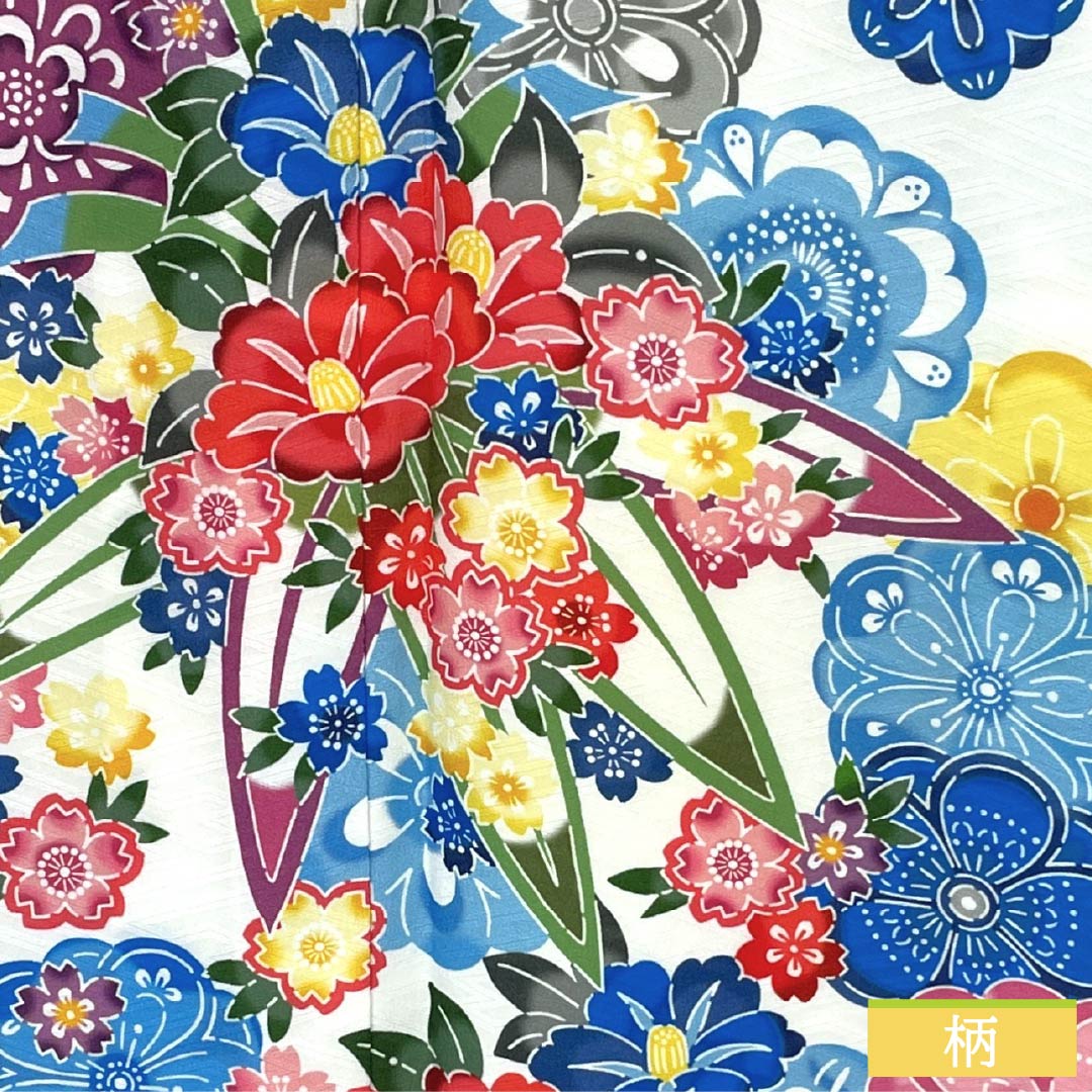Polyester Furisode, S Rank, Length 172cm, Sleeve-to-shoulder 67cm, Lined, White, All-over floral and sayagata pattern, Washable Kimono, White tone, 1113002852611