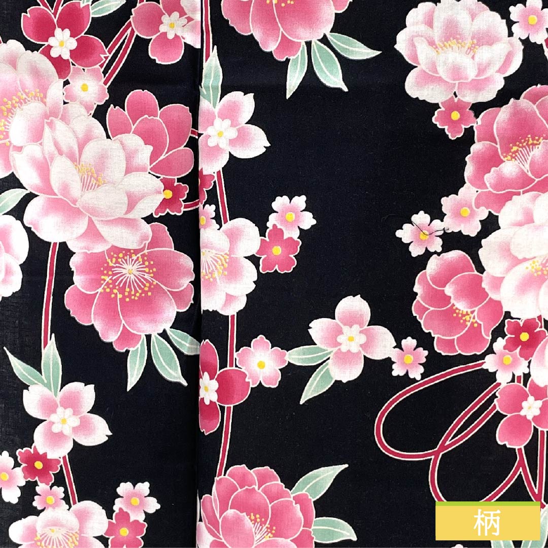 Cotton Yukata, Length 151cm, Sleeve Length 62cm, A Rank, Single Layer, Black, Camellia Pattern, 1118005963210