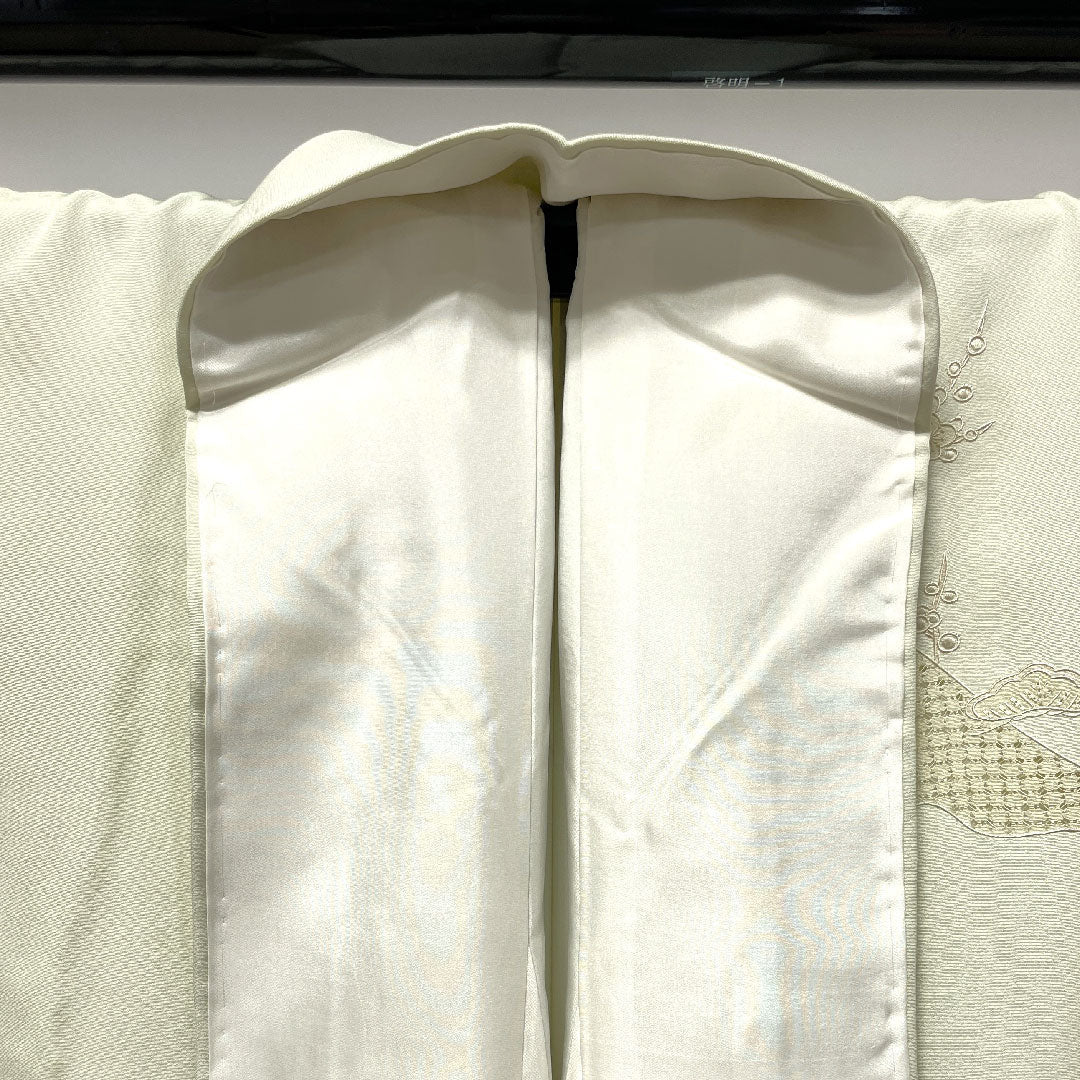 訪問着 袷 身丈159.5cm 裄丈65cm 翠山刺繡 利休白茶色 汕頭刺繡 蘇州刺繡 片喰 正絹 Sランク 緑系 1112002242319