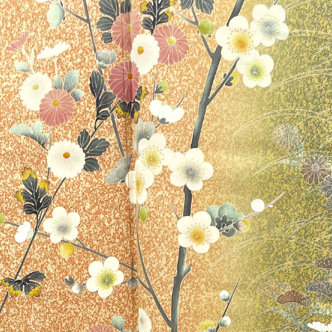 訪問着 正絹 袷 身丈163.5cm 裄丈64cm 朱華色 タタキ染 梅 菊 作家物 Sランク 朱系 1112003252416