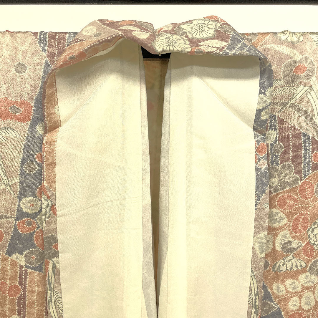 小紋 身丈164cm 裄丈64cm 袷 裂取り 花・芒模様 正絹 Sランク ピンク系 1115000732313