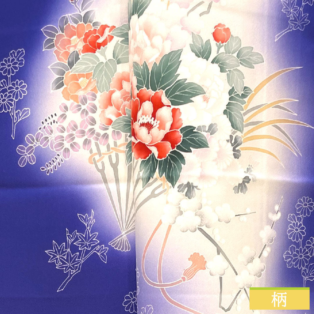 Homongi, pure silk, lined, length 150cm, sleeve length 62.5cm, blue-purple, floral pattern, fan, S rank, navy blue, 1112004202118
