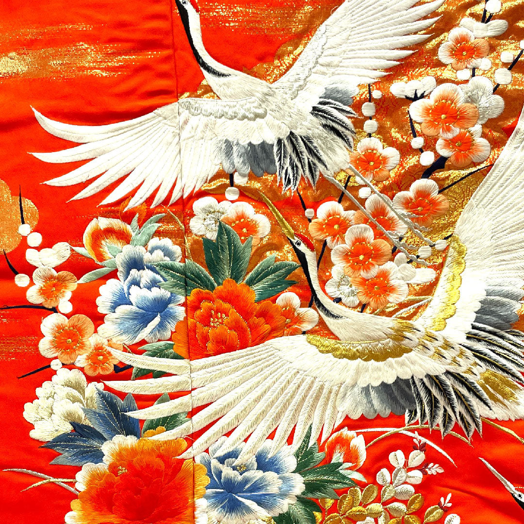 色打掛 身丈185cm 緋色 刺繡 花車 鶴 正絹 Bランク 袷 朱系 1110000264916