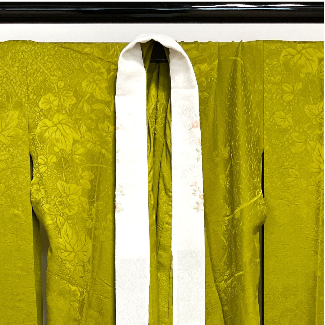 長襦袢 正絹 身丈115.5cm 裄丈66cm 単衣 朽葉色 振袖用 草花模様 Sランク 緑系 1129000302119