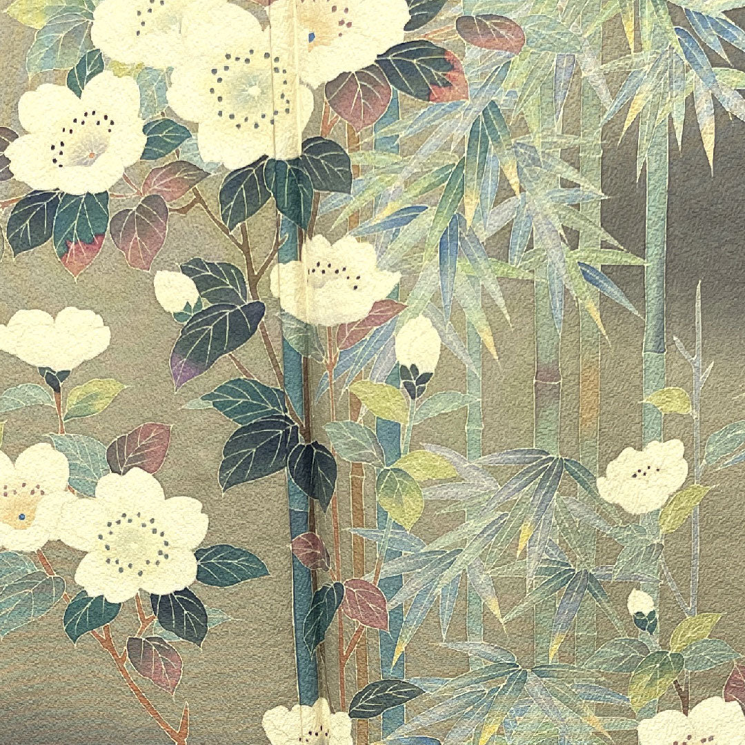 Homongi, lined, length 160cm, sleeve length 63cm, plain grey, artist's work, Kaga plant dyeing, bamboo, plum, pure silk, A rank, grey, 1112002673422