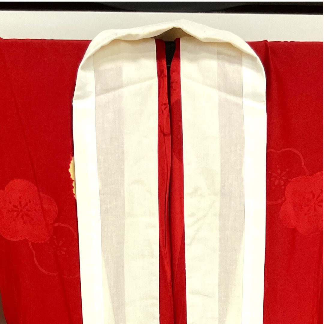 Long undergarment, pure silk, length 120cm, sleeve length 67.5cm, single layer, old red color, for long-sleeved kimono, plum, A rank, red, 1129000293112