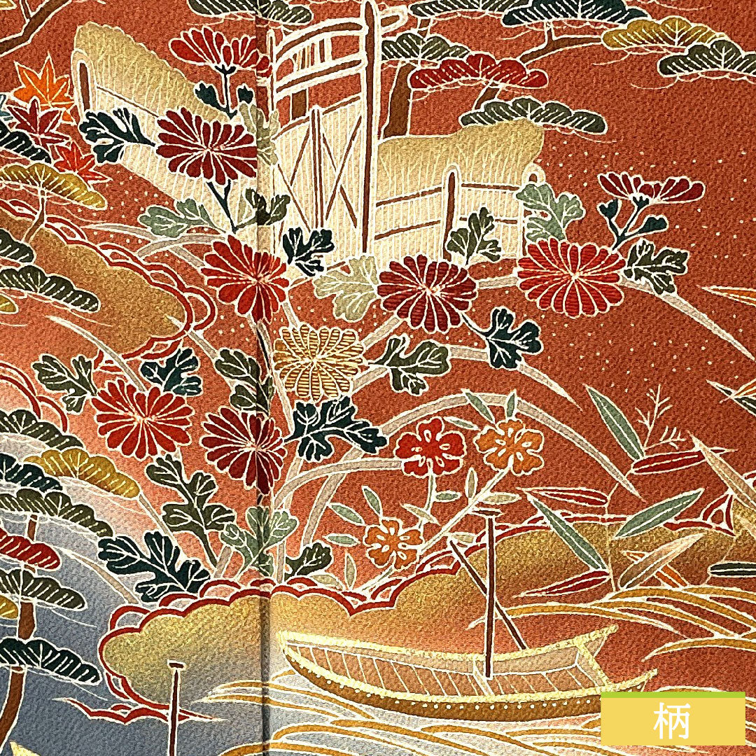 訪問着 正絹 袷 身丈165.5cm 裄丈65cm 弁柄色(べんがらいろ) 京友禅 茶屋辻風景模様 ちりめん地 Aランク 朱系 1112005923516