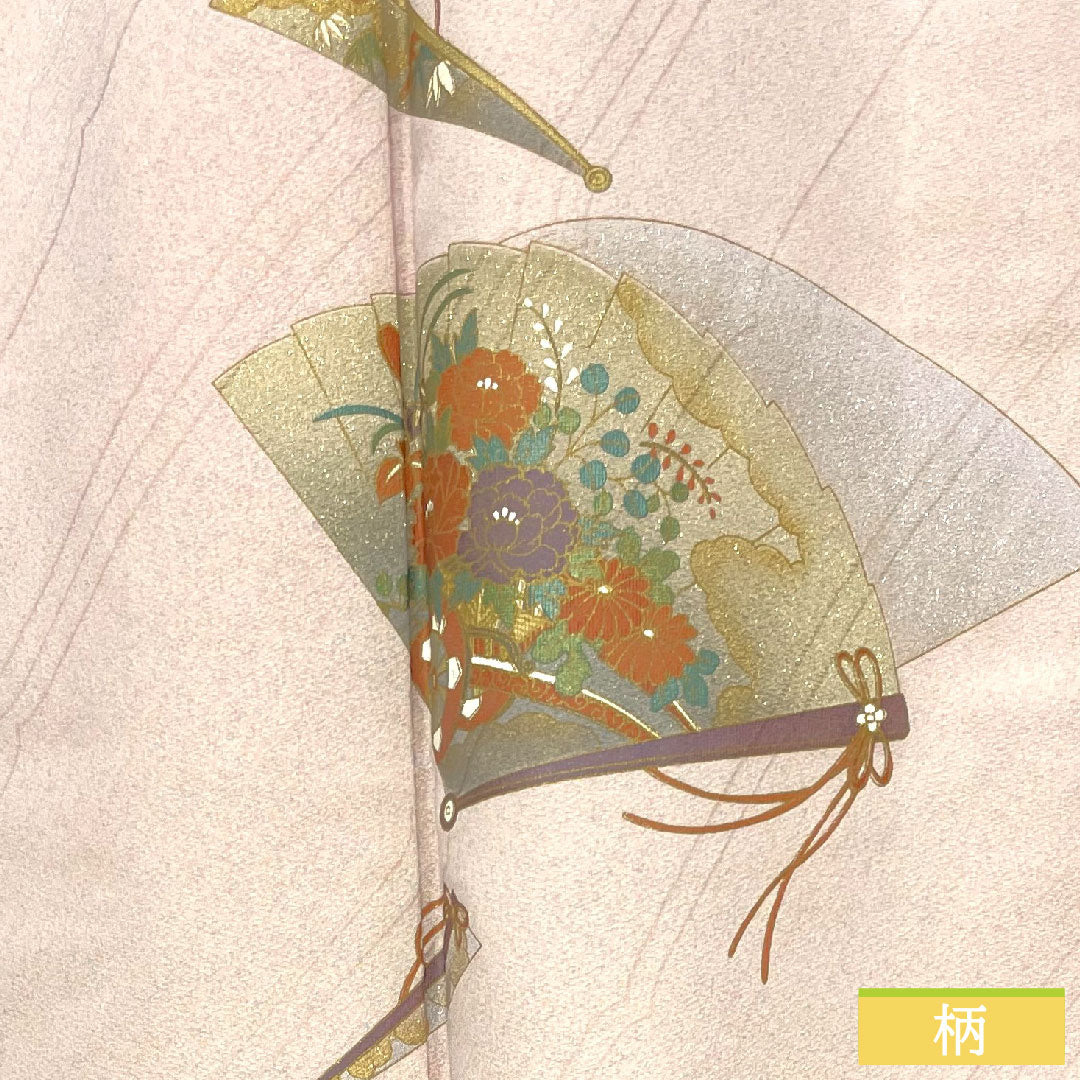 訪問着 ポリエステル 袷 身丈159cm 裄丈63cm 桜色(さくらいろ) 洗える着物 扇 半衿付き Sランク ピンク系 1112004382313
