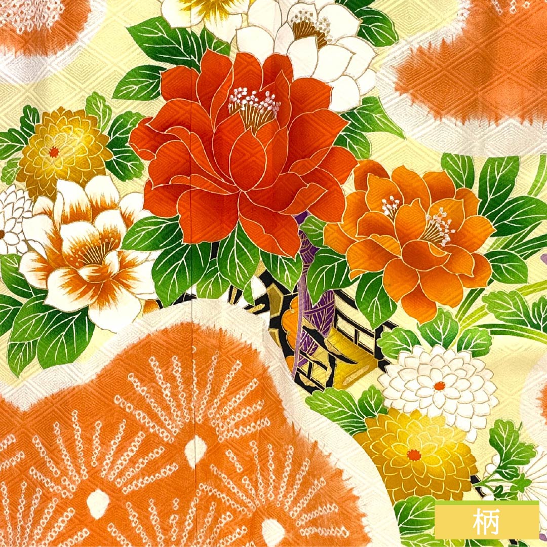 Visiting Kimono, Pure Silk, A-Rank, Lined, Length 158cm, Sleeve Length 62cm, Red-Orange, Kyoto Yuzen Dyed, Auspicious Motif, Neriko Diamond, Flower, Orange, Item Number 1112007513326