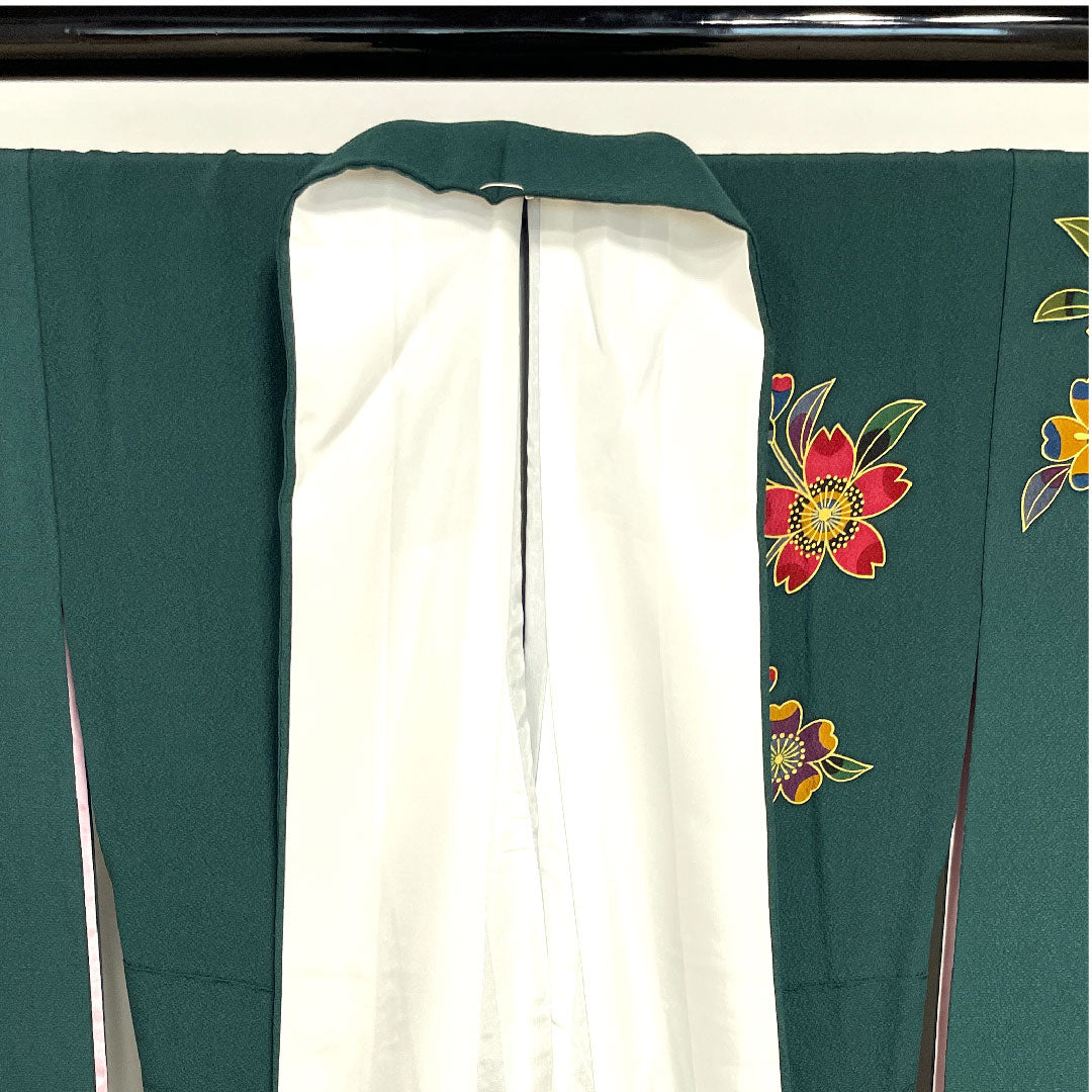 振袖 身丈166cm 裄丈68.5cm 袷 鉄色 桜 菊 正絹 Sランク 緑系 1113000972519