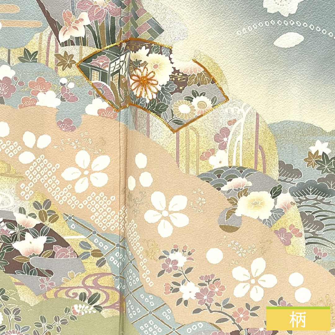 訪問着 正絹 袷 身丈161cm 裄丈66.5cm 青白磁色(せいはくじいろ) 京友禅 吉祥文様 Sランク 水色系 1112005792424