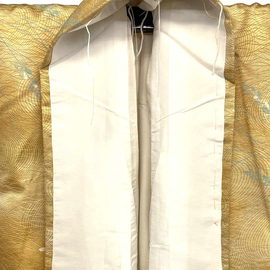 小紋 身丈147.5cm 裄丈61.5cm 袷 洗える着物 流水に葉 ポリ Aランク 黄系 1115000213123