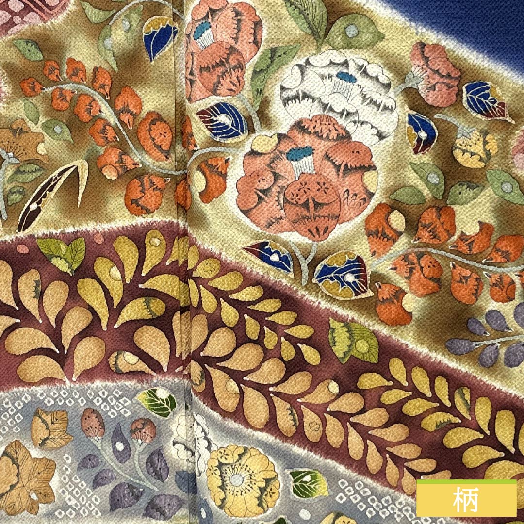 Visiting Kimono, Pure Silk, S Rank, Lined, Length 155cm, Sleeve Length 63cm, Navy Blue, Chirimen Fabric, Tsujigahana Pattern, Navy Blue, Product Number: 1112006292318