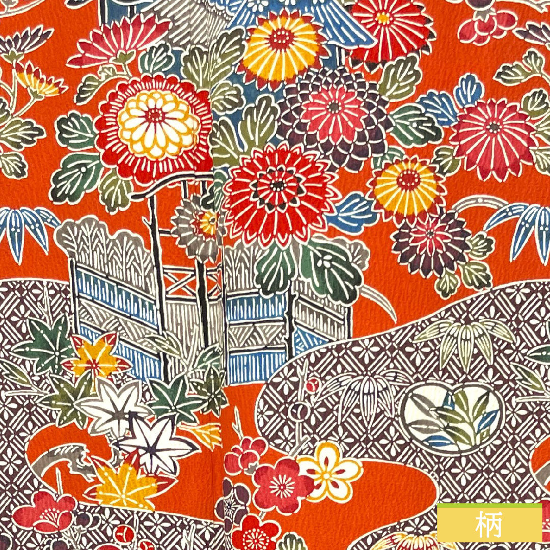 Homongi, pure silk, lined, length 163cm, sleeve length 64.5cm, scarlet, Kyoto Bingata, auspicious motif, S rank, vermilion, 1112004072416