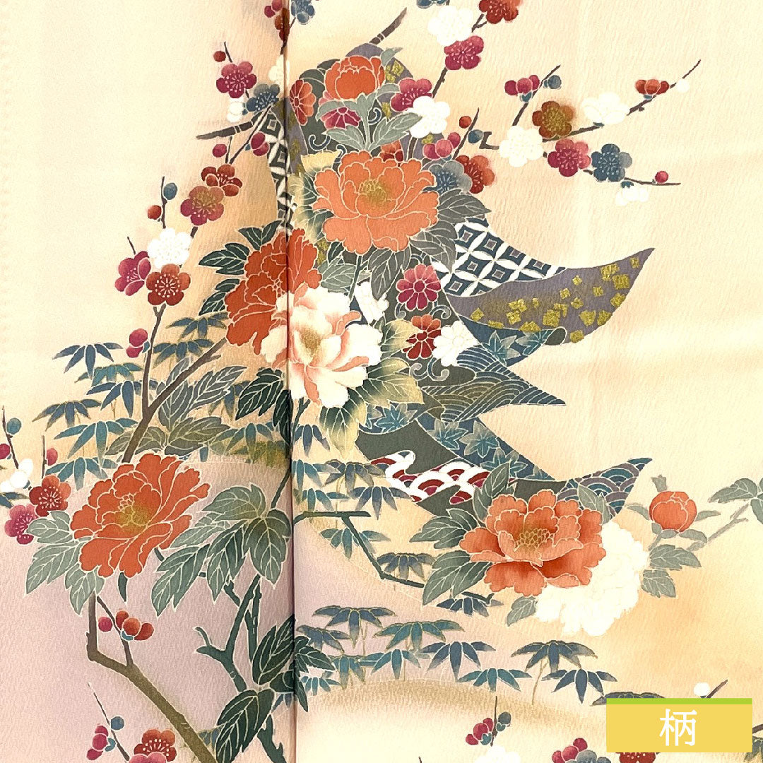Homongi, pure silk, lined, length 161.5cm, sleeve length 63cm, maiden color, Kyo-Yuzen, floral pattern, S rank, pink, 1112005312413