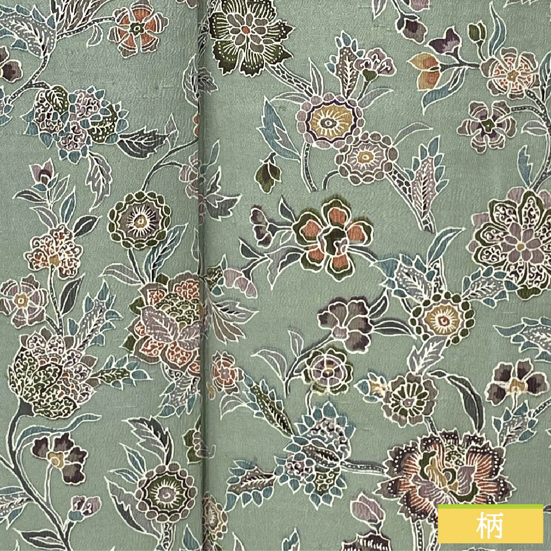 Komon (small pattern) silk, S rank, length 156.5cm, sleeve length 63cm, lined, Rikyu gray (Rikyu mouse color), chintz, green, 1115007162319