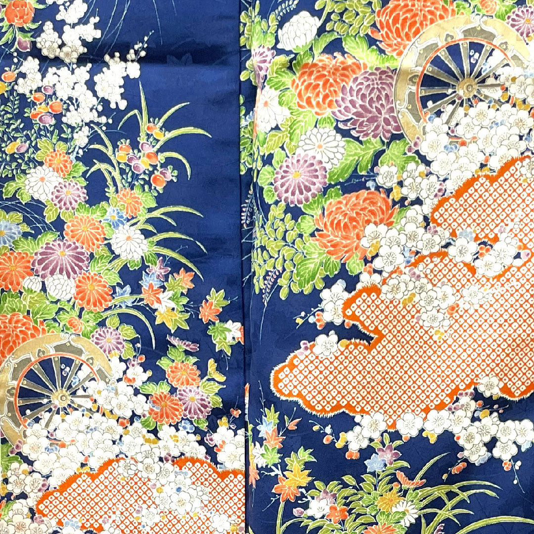 小紋 身丈160cm 裄丈65cm 袷 濃藍色 洗える着物 花車 草花模様 ポリ Sランク 紺系 1115003302418
