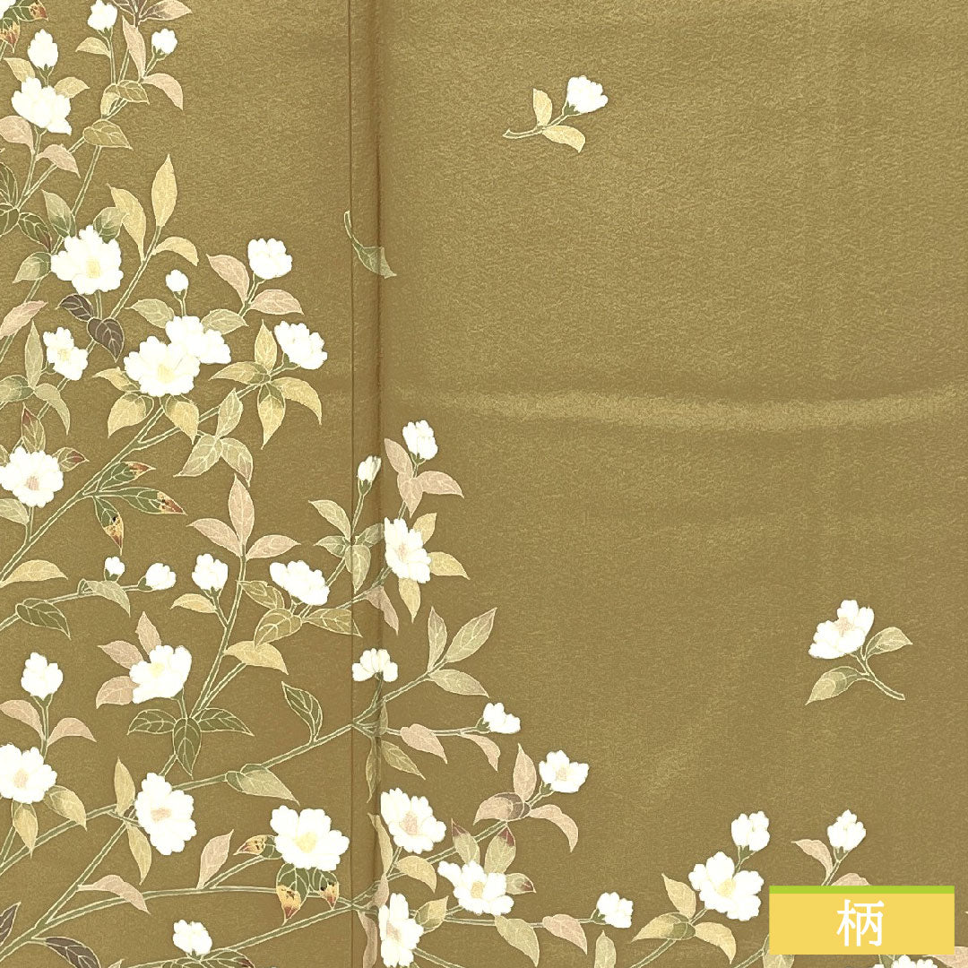 Homongi, pure silk, lined, length 159cm, sleeve length 62cm, yamamomoiro (Japanese plum color), Kyo-Yuzen, camellia, S rank, yellow, 1112005232323