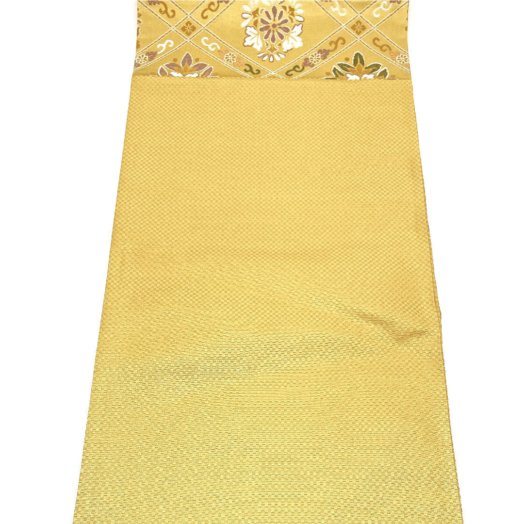 【Unhemmed】Fukuro Obi Silk NEW Rank Floral Hishimon Hitotsuginu Obi Length 452cm Rokutsu Semi-formal Yellow 1123002511423