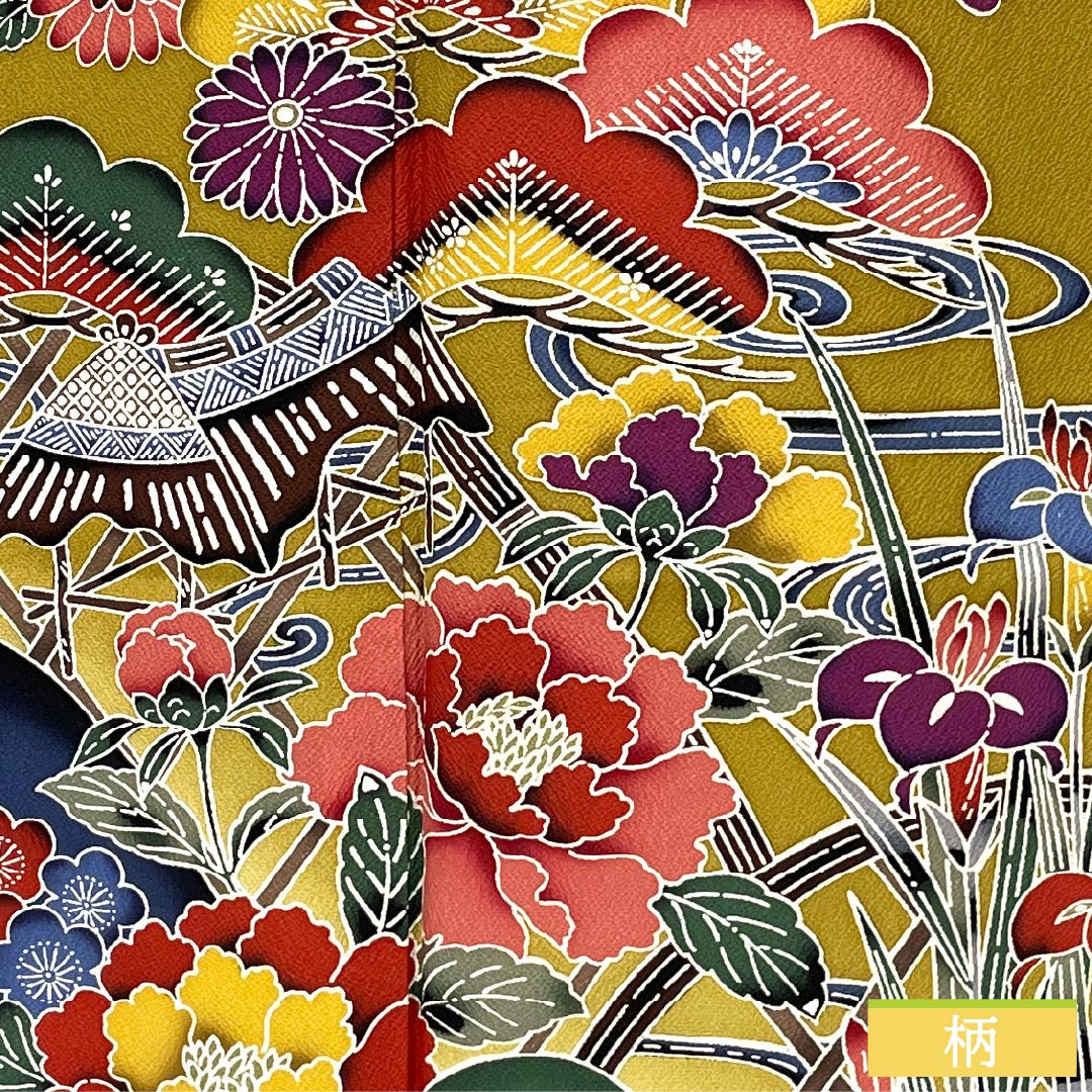 Furisode (long-sleeved kimono) made of pure silk, S-rank, length 166cm, sleeve length 67cm, lined, magnolia-colored, Kyoto Bingata (Kyoto Bingata) pattern with auspicious motifs of pine, iris, and orange tones, product number 1113002302526