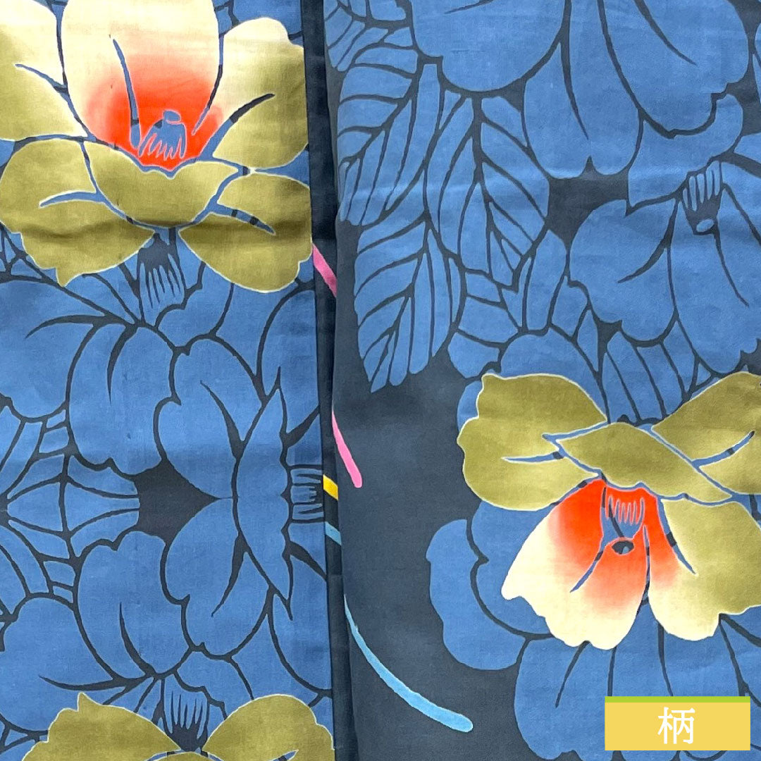 Yukata Cotton Length 161cm Sleeve length 65.5cm S rank Single layer Navy blue Navy iron color Camellia 1118005172418