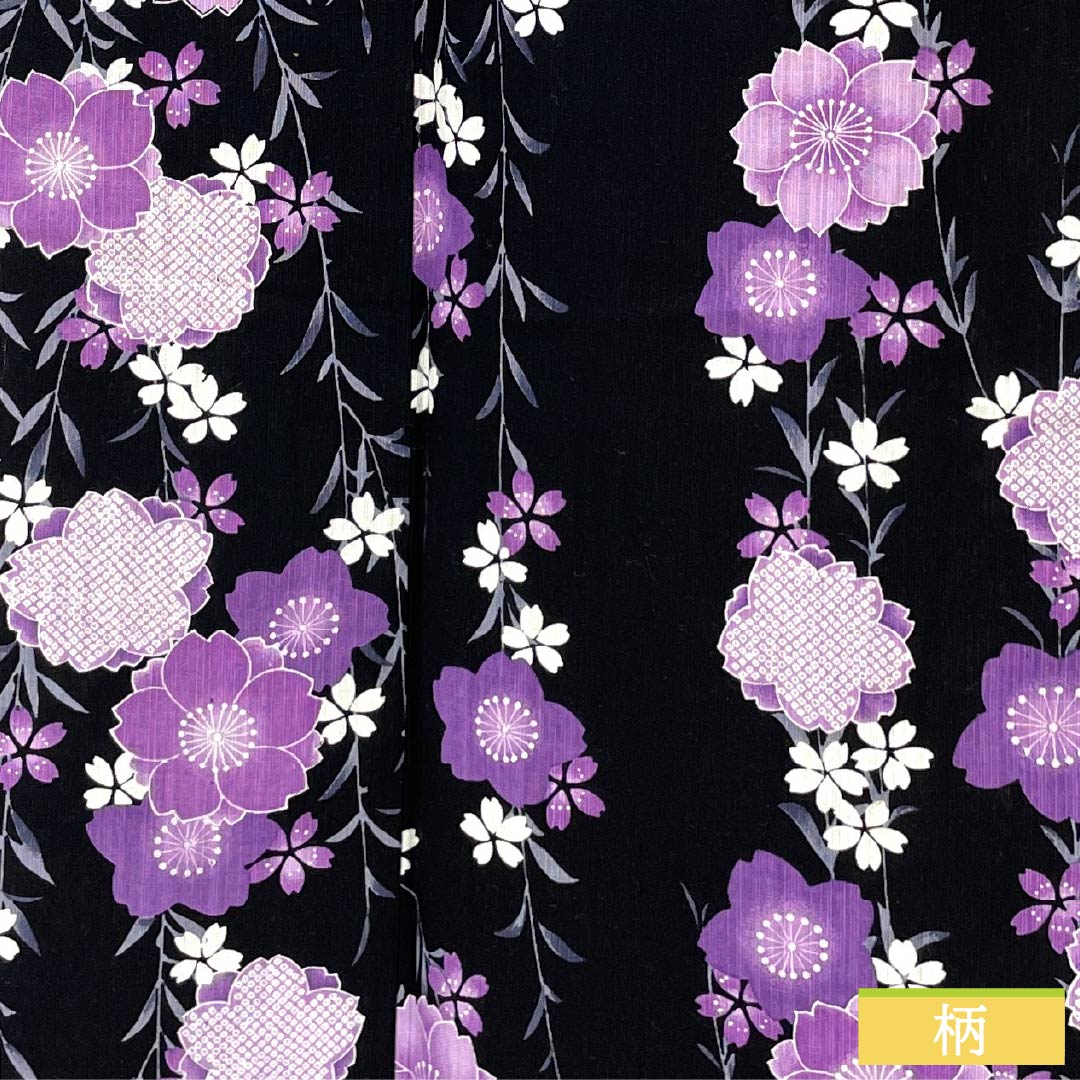 Cotton-linen Yukata, Length 165cm, Sleeve Length 69cm, Rank A, Single-Layer, Black, Weeping Cherry Blossom Pattern, Cotton-linen, 1118006043510