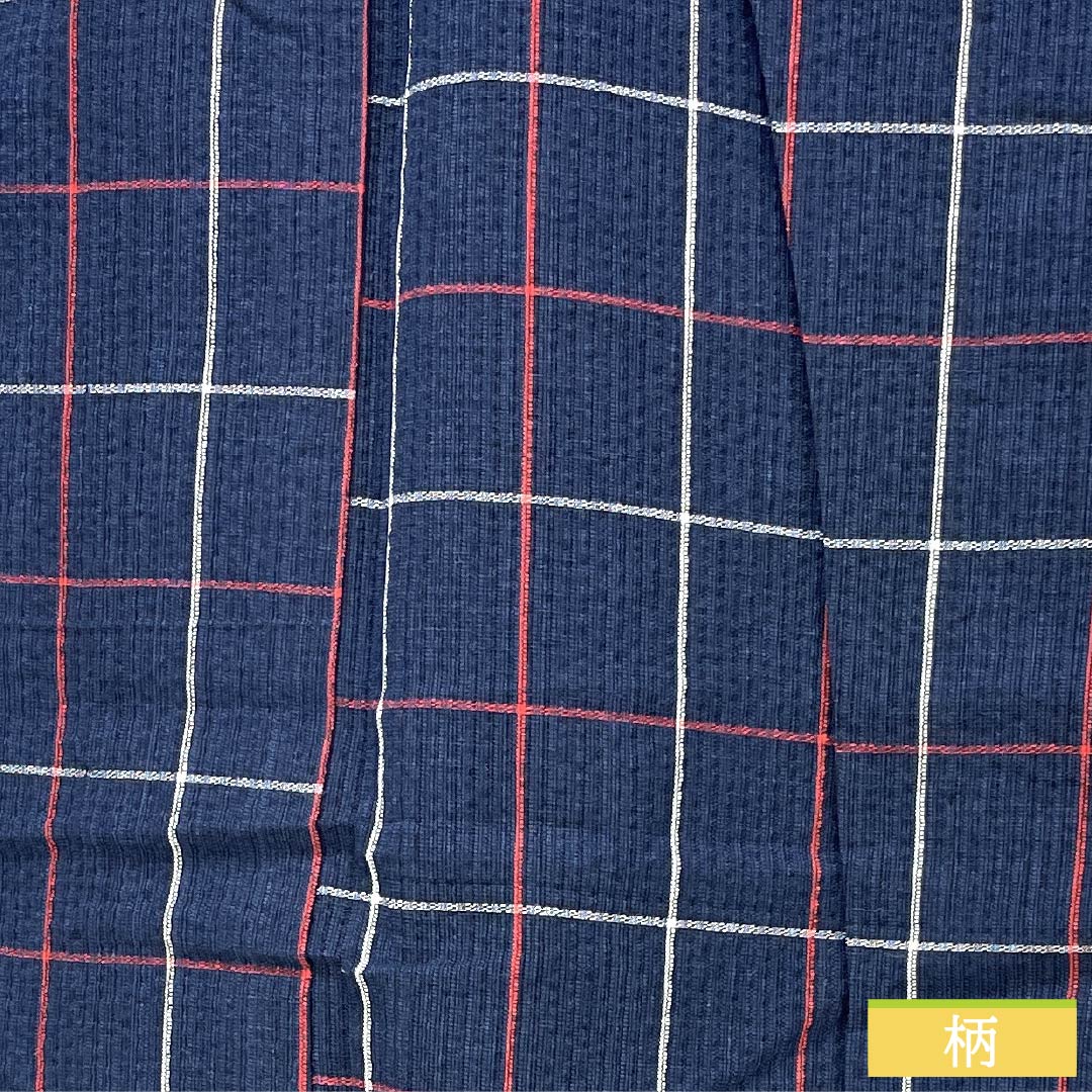 Cotton Yukata, Length 142cm, Sleeve Length 63cm, Rank B, Single Layer, Navy Blue, Shijira Weave, Red and White Check Pattern, 1118005834118