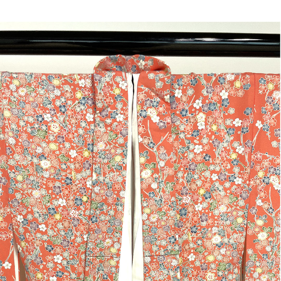 小紋 身丈158cm 裄丈65.5cm 袷 中紅色 型染 草花模様 正絹 Aランク ピンク系 1115002373313
